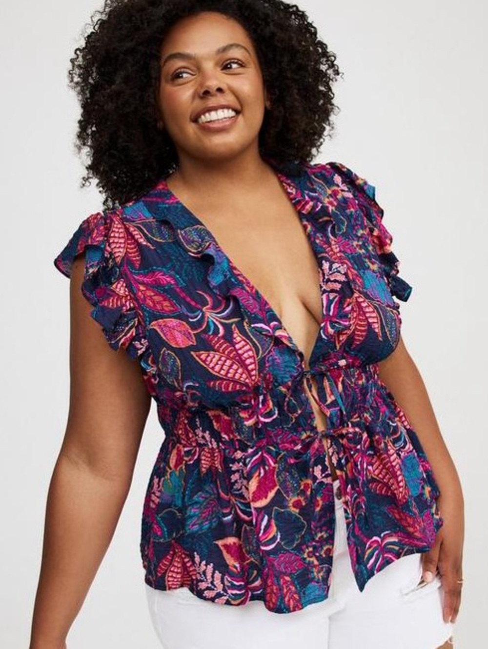 NWT torrid | Tie Front Navy Floral Ruffle V-neck Peplum Breezy Top